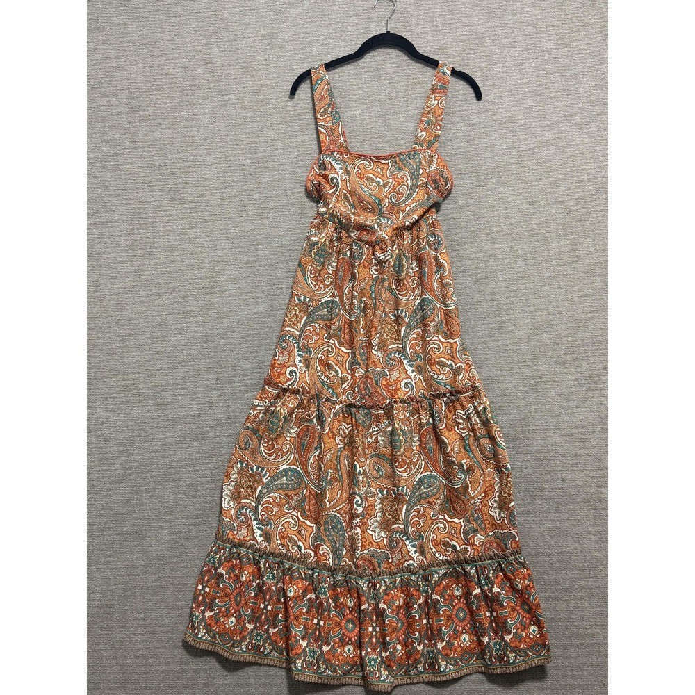 Band Of The Free Dress Womens Small Orange Paisley Boho Maxi Tiered India Summer